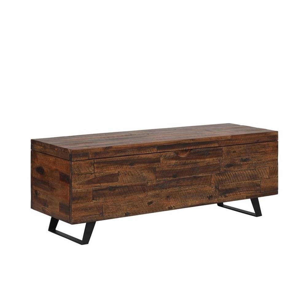 MAKLAINE Broadmore Rectangular Acacia Wood Storage Trunk, 46 in Top, Brown Finish, Black Metal Legs, Hinged Lid, Versatile Coffee Table or Entryway Storage for Living Room or Bedroom