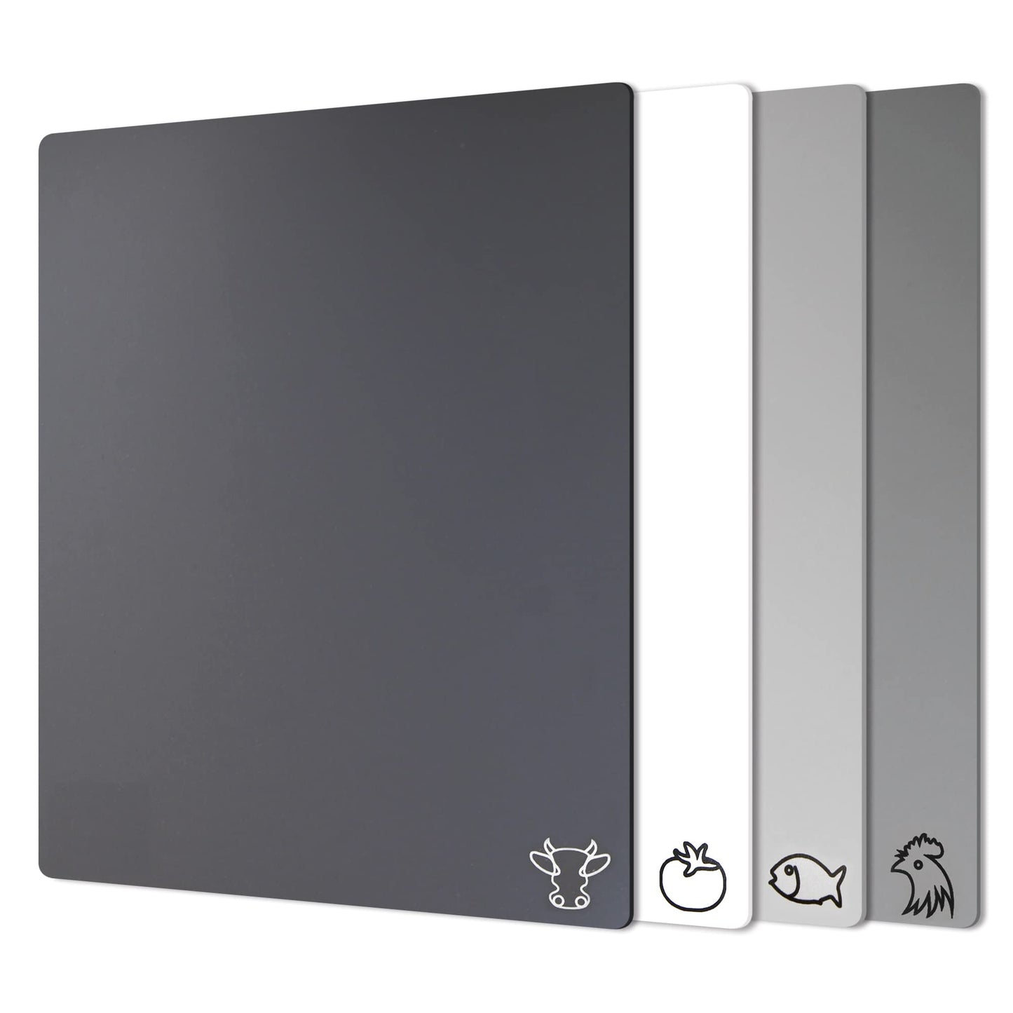 Fotouzy Plastic Cutting Boards with Food Icons, Flexible Cutting Mats, Set of 4, BPA-Free, Non-Porous, Non-slip Back and Dishwasher Safe, Modern Neutral Colors Gray