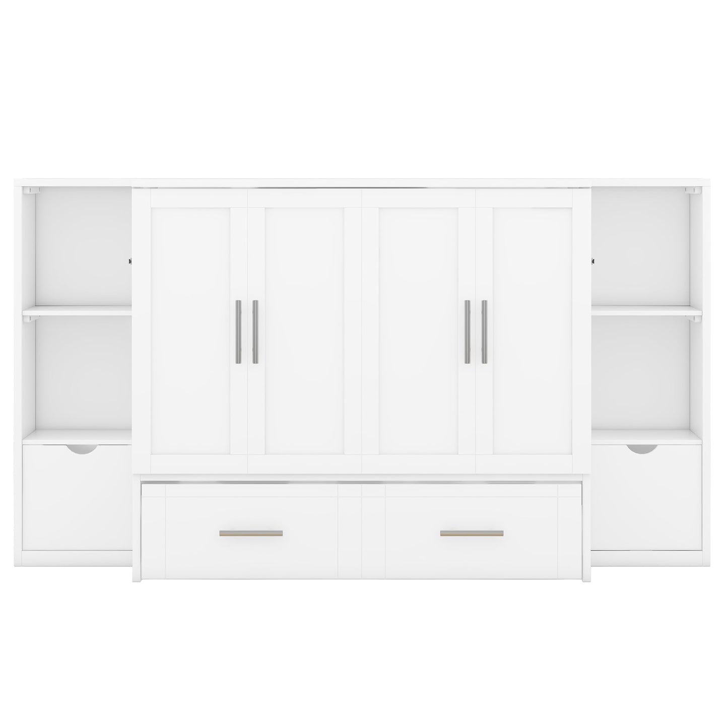 Merax Murphy Bed Frame Queen Size Cabinet with Shelves, 2 Drawers and USB Ports, Wood Versatile Platform Wall Bed