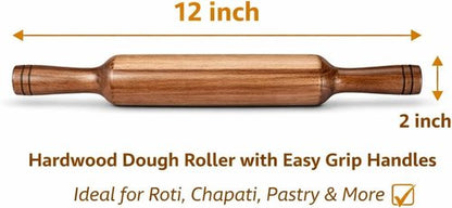 Hardwood Rolling Pin 12 Inch - Easy Grip Wooden Dough Roller for Roti, Chapati, Pastry & Pizza