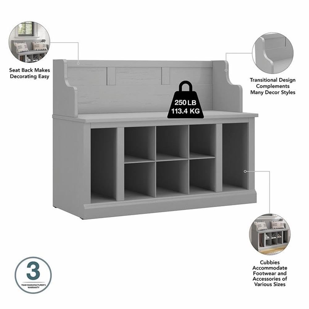 Bush Home Woodland Entryway Storage Set with Hall Trees and Shoe Bench with Drawers in Cape Cod Gray | Mudroom Organizer for Footwear, Clothing