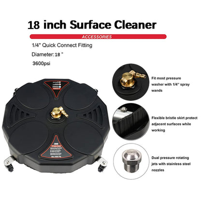 3600PSI Driveway Power Washer, 18in Rotary Surface Cleaner Attachment with Wheels, with 2 ExWands and 2 Replacement Nozzles, Replaceable Sturdy Flat Surface Cleaner for Driveway