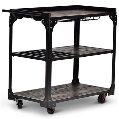 BOWERY HILL Transitional Bar Cart, 40 in W x 20 in D x 36 in H, Distressed Tobacco Brown Finish with Black Iron Frame, Stemware Storage, Towel Bar, Wine Bottle Shelves, Industrial Style for Dining