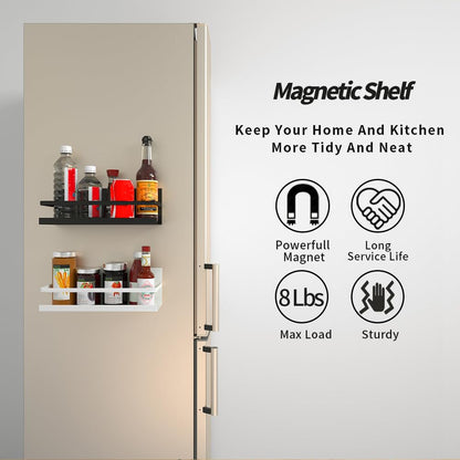 YJSMO 2 Pack Magnetic Spice Rack for Refrigerator,Heave Duty Magnetic Shelf For Kitchen,Magnet Book Shelf For Whiteboard,Space Container,Drill free (Black)
