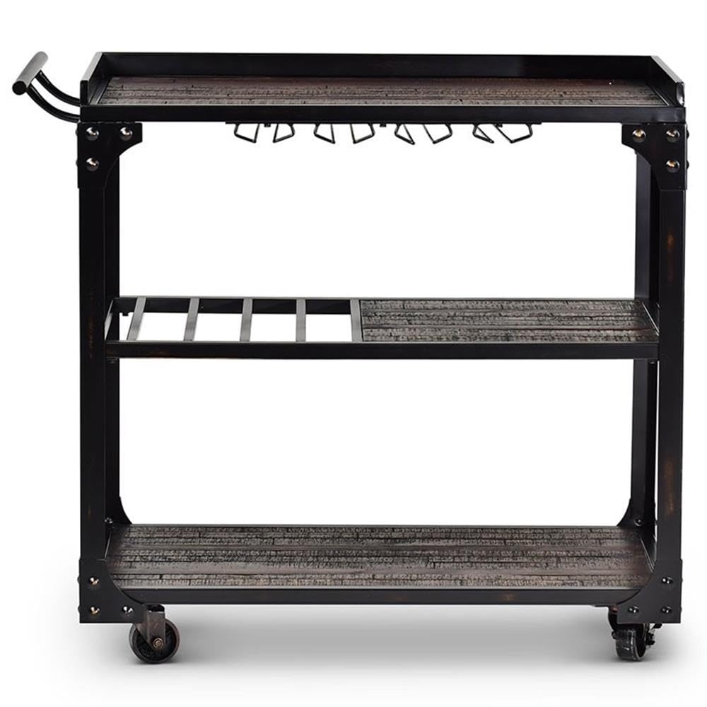 BOWERY HILL Transitional Bar Cart, 40 in W x 20 in D x 36 in H, Distressed Tobacco Brown Finish with Black Iron Frame, Stemware Storage, Towel Bar, Wine Bottle Shelves, Industrial Style for Dining
