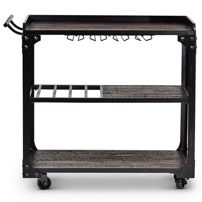 BOWERY HILL Transitional Bar Cart, 40 in W x 20 in D x 36 in H, Distressed Tobacco Brown Finish with Black Iron Frame, Stemware Storage, Towel Bar, Wine Bottle Shelves, Industrial Style for Dining