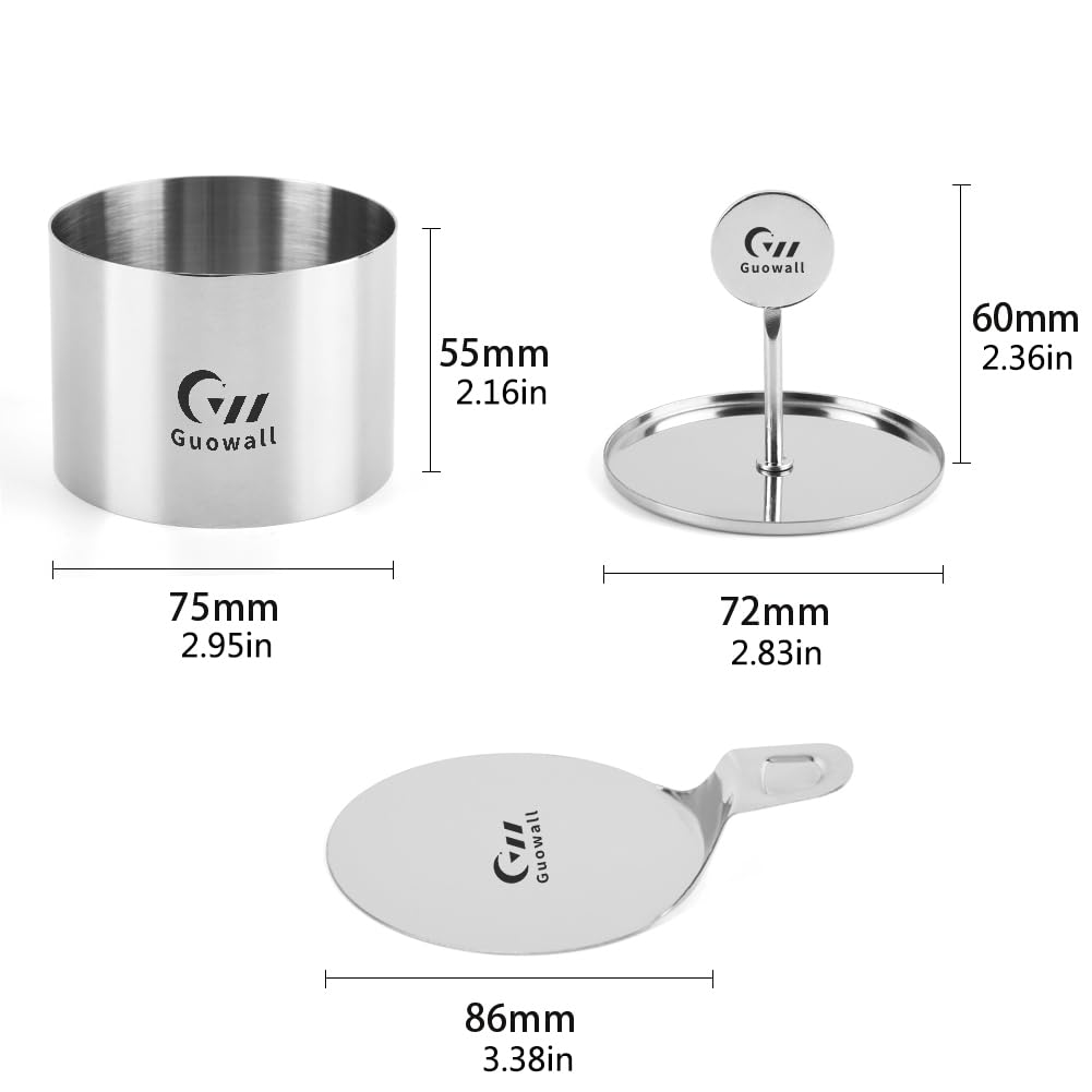 Guowall 6 Pack Seamless Cake Ring Molds Stainless Steel Mousse Rings 3 Inch Round Pastry Cutter for Baking (Includes 6 Rings 1 Pusher and 1 Lifter)