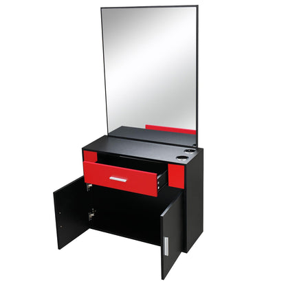 Black Salon Station Makeup Wall Mount Hair Styling Beauty Spa Equipment Set with Mirror Utility Drawer, Storage Cabinet Vanity Set with Mirror Make up Table Spa Beauty Styling Barber Station Equipment