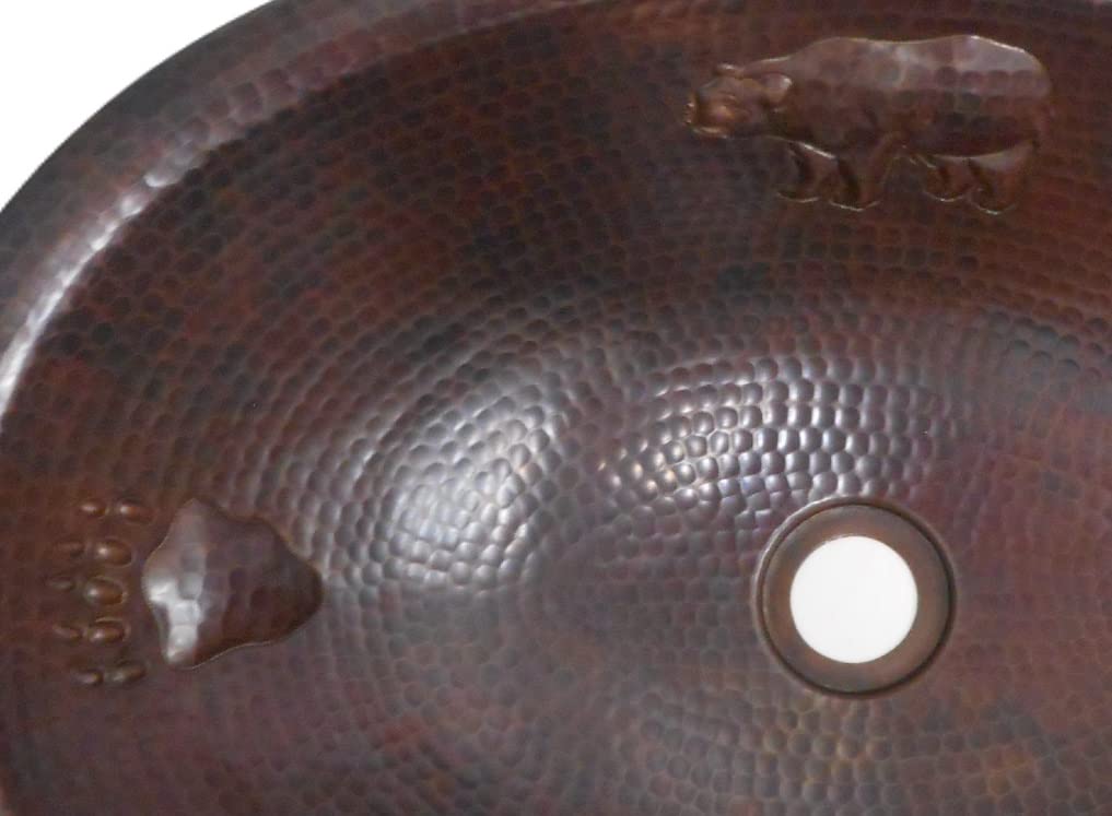 SimplyCopper 19" Rustic Log Cabin Style Oval Copper Bath Sink with BEAR & BEAR PAW Design