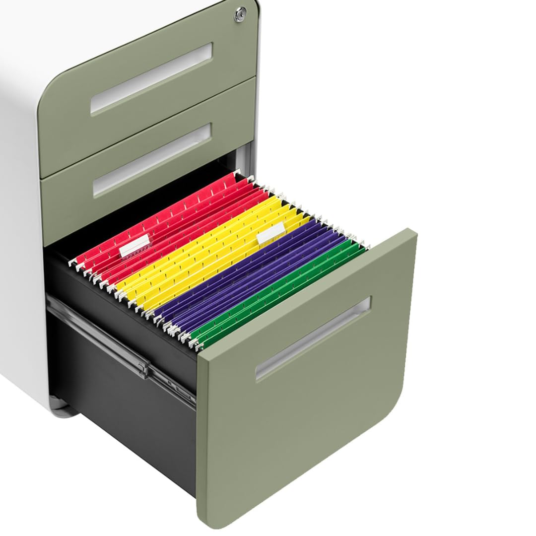 Laura Davidson Furniture Stockpile 3 Drawer File Cabinet with Lock - Under Office Desk Metal Filing Cabinet, Legal/Letter File Folders, Wheels and Stationary Feet, Pre-Assembled, Sage Green