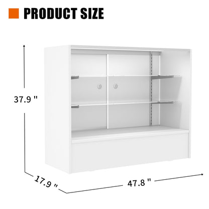 HUZJIEHUI 48" W x 38" H x 18" D - Retail Display Cabinet, White Wooden Full View Glass Display Cabinet with LED Lights and Glass Shelves