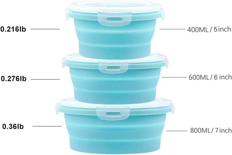 GLE2016 Collapsible Bowls, Silicone Food Storage Containers with Lids for Camping, Round Lunch Containers, Blue