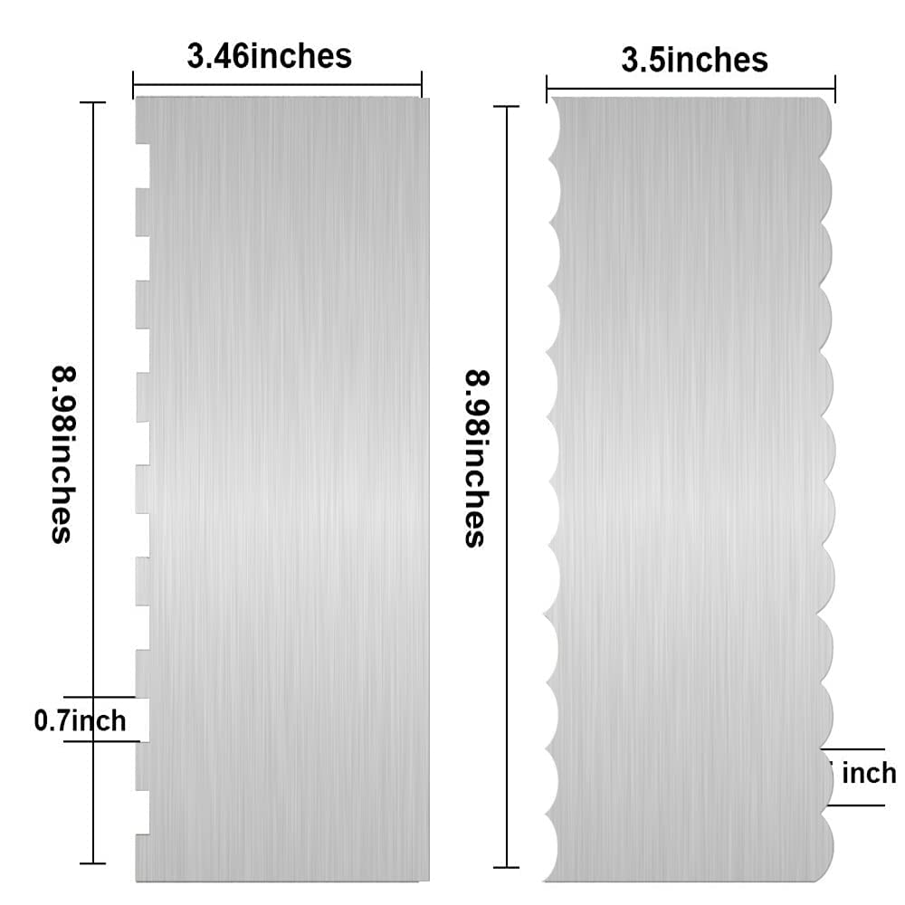 2 Pc 9 Inches Stainless Steel Cake Scraper Cake Decorating Tools Edge Side Jagged Wave Double Sided Patterned Comb Metal Cake Carving Smoothing Cream Pastry Baking(9 x 3.5 Inches)