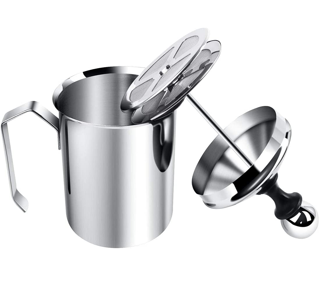 Sindh Stainless Steel Manual Milk Frother, Hand Pump Milk Foamer with Filter Screen for Cappuccino Coffee Latte Hot Chocolate, 14-Ounce Capacity (400ml)