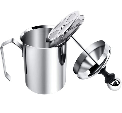 Sindh Stainless Steel Manual Milk Frother, Hand Pump Milk Foamer with Filter Screen for Cappuccino Coffee Latte Hot Chocolate, 14-Ounce Capacity (400ml)