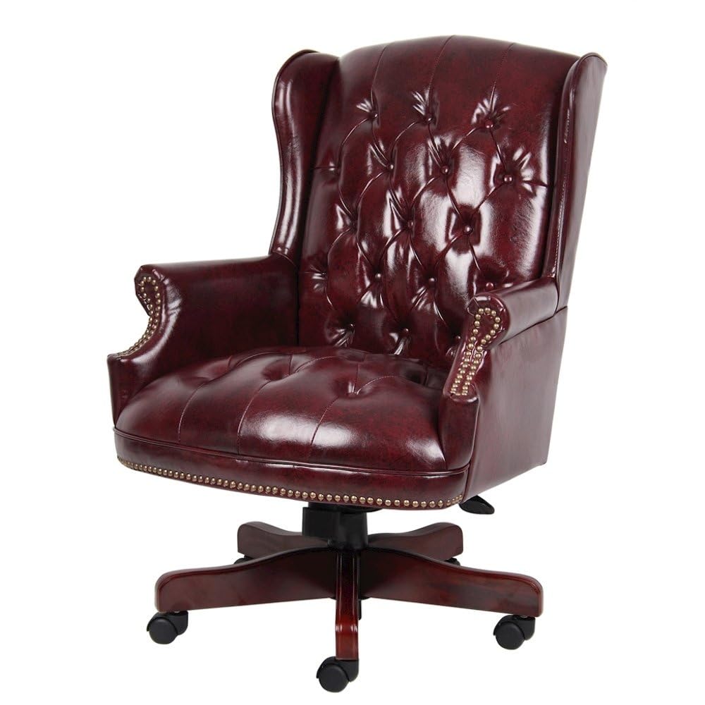 Starlight Canyon Home Burgundy Faux Leather Office Chair, Executive Seating with Wood Frame, Leather Desk Option for Study, Boardroom, Or Office Settings