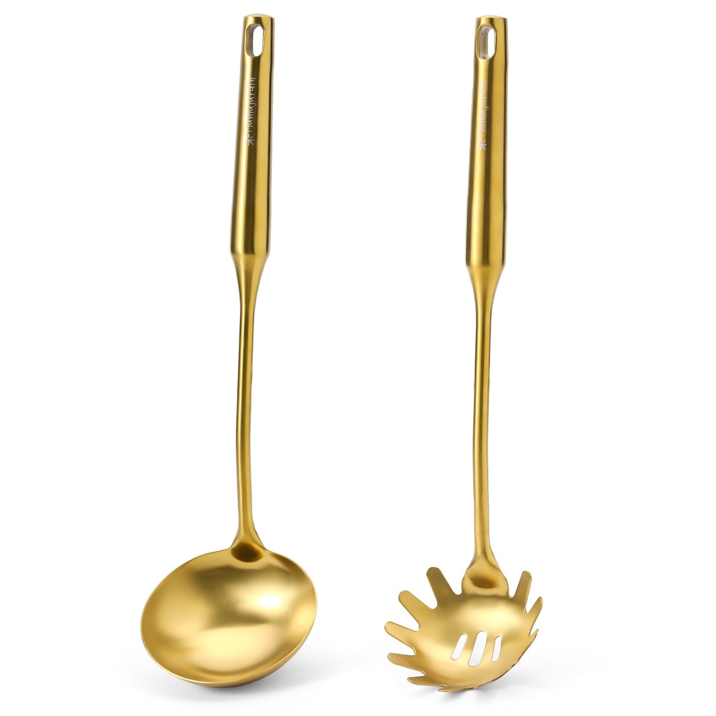 Gold Soup Ladle and Spaghetti Spoon Set - 18/10 Stainless Steel Soup Spoon，Pasta Strainer, 13.8" Kitchen Utensils for Cooking，Stirring, Serving Pasta, Soup & Sauce, Christmas Gifts