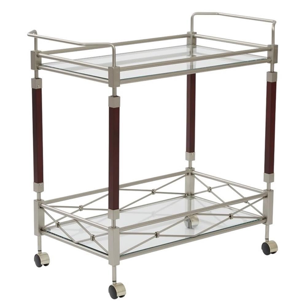 Scranton & Co Serving Cart, 31.25" W x 16.5" D x 30" H, Brushed Nickel Metal Frame, Walnut Wood Accents, Tempered Glass Shelves, Mobile Bar Cart for Entertaining