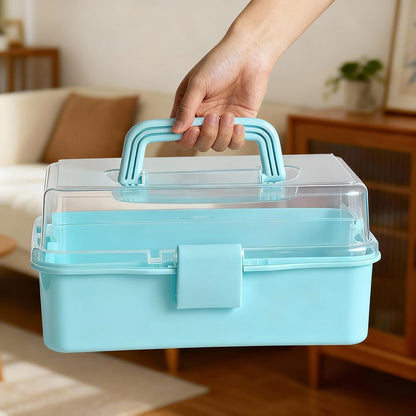 WINDAWNKE 3 Layers Blue Craft Art Box, Plastic Portable Tackle Box, Sewing Organizer for Crafts, Sewing Supplies, Jewelry and Tools
