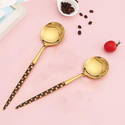Set of 4 Stainless Steel Soup Spoons, Korean Dessert Spoons, Black Polka Dot Mixed Color, 8 Inches
