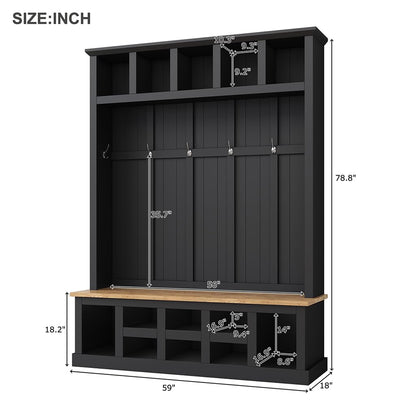 Hall Tree with Bench and Shoe Storage, 3-in-1 Entryway Furniture with Shoe Bench, 13 Open Compartments and 6 Hooks, Multifunction Hall Tree for Hallway, Entryway, Bedroom, 18"D x 59"W x 78.8"H,Black
