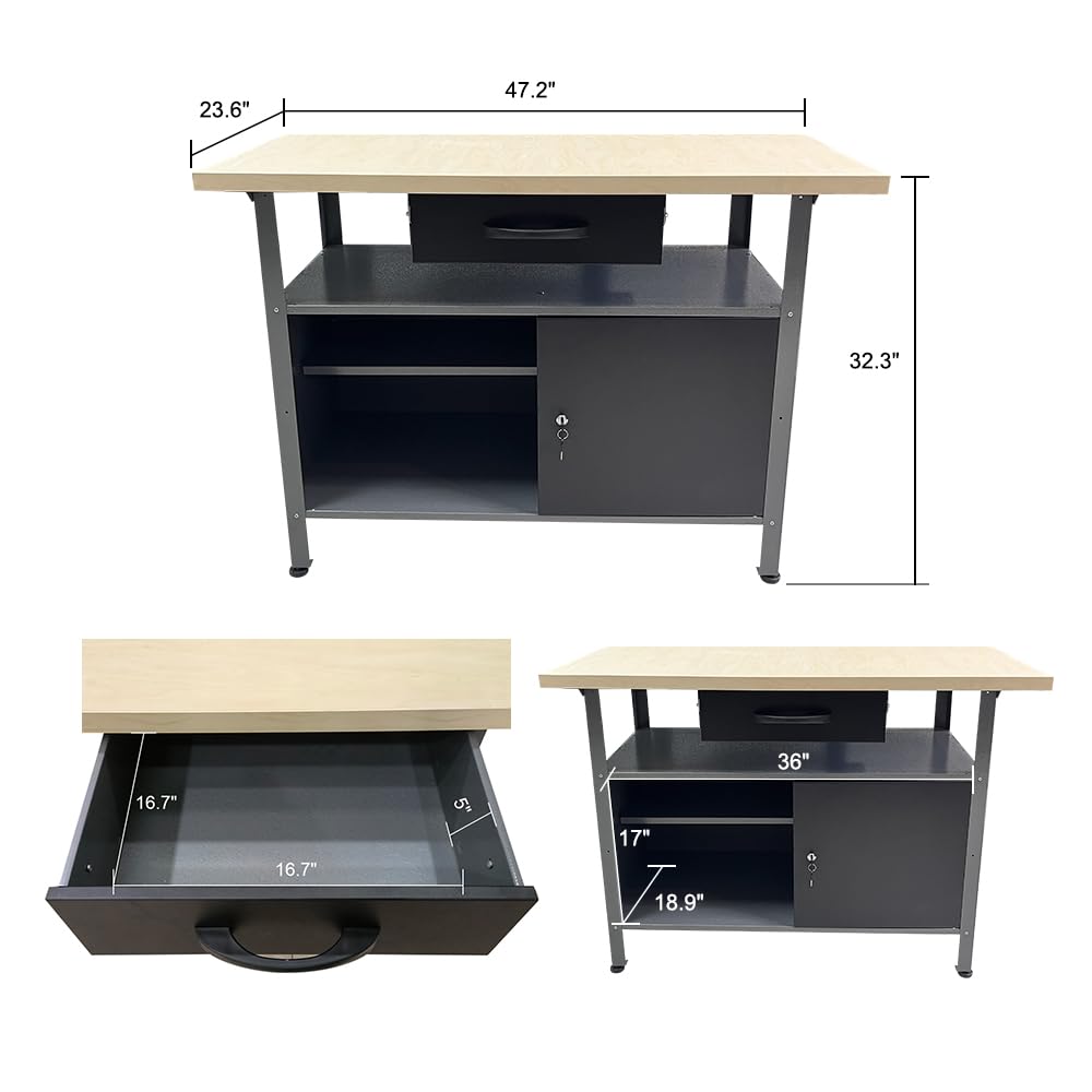 JZD Metal Workbench Table with Drawer & Lockable Cabinet, Office Desk with Wood Worktop for Garage Factory Workshop Home