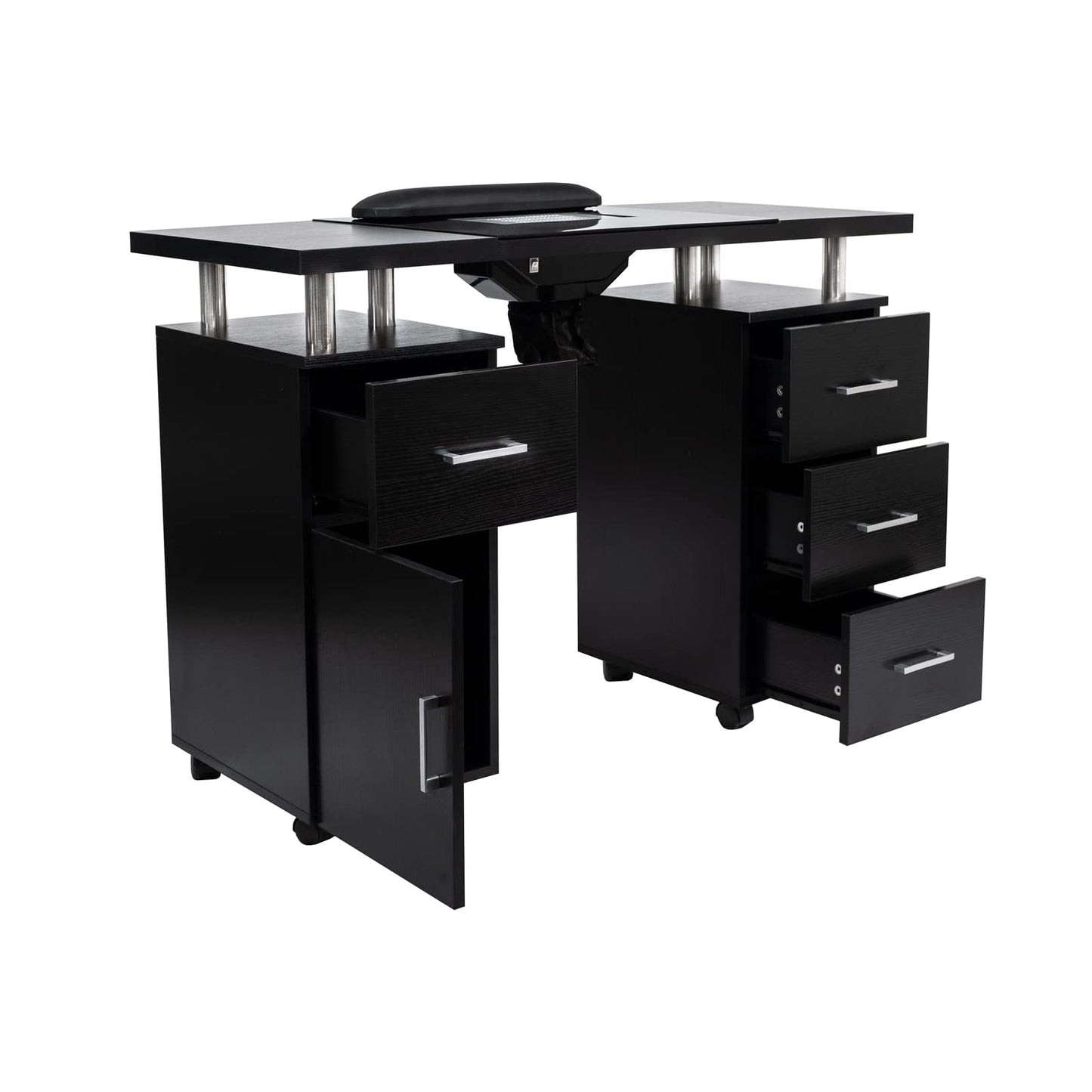 Manicure Table Glasglow II Salon Set with Luna LED Nail Lamp and TOTO Nail Technician Stool, Salon Nail Table Salon Furniture & Equipment, Black & Pink Set