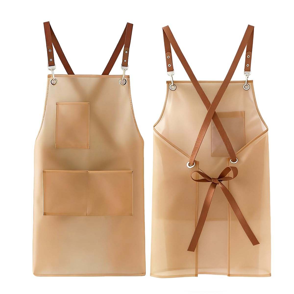 FunFlare 2 Pack Waterproof Translucent Apron with Large Pockets,Cross Back Apron Cooking Apron for Dishwashing, Cleaning Fish, Gardening, Lab Work, Butcher and Dog Grooming(White&Brown)