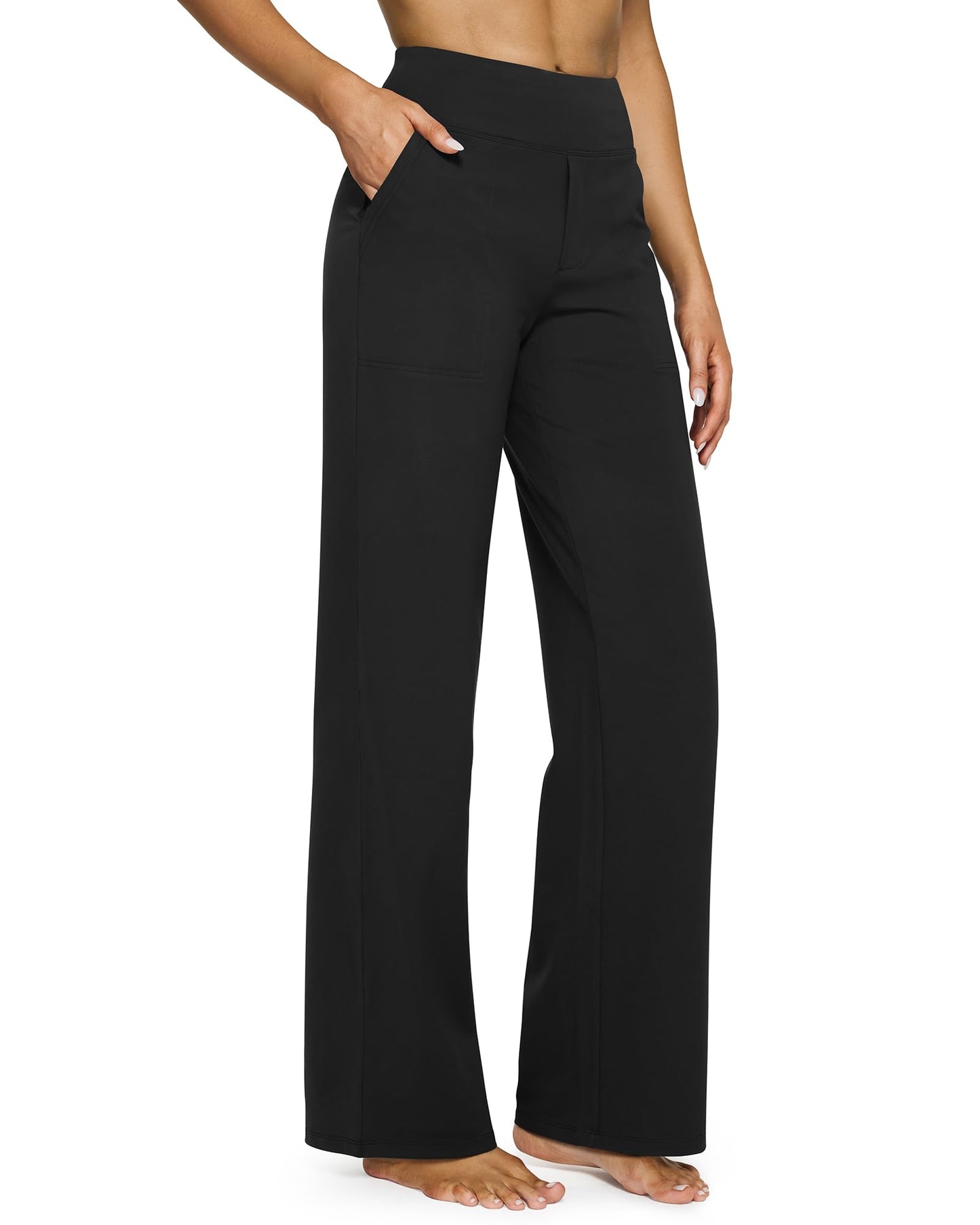 G4Free Petite Wide Leg Pants for Women Yoga Dress Pants with Pockets Straight Leg Sweatpants Stretch Business Casual Work Pants(Black,M,29")