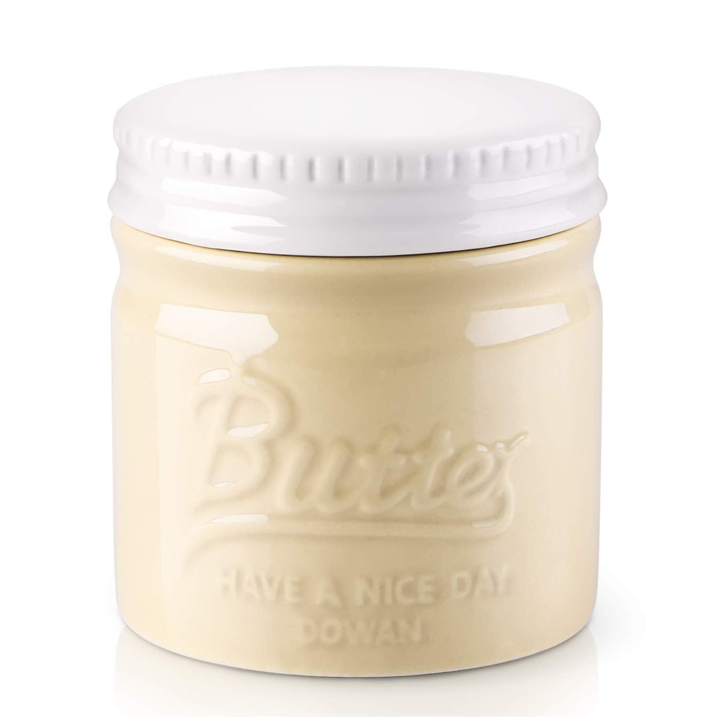 DOWAN Butter Dish, French Butter Crock With Lid for Spreadable Soft Butter, Porcelain Butter Keeper With Waterline for Counter, Embossed Butter Container Home Gift Kitchen Decor, Beige