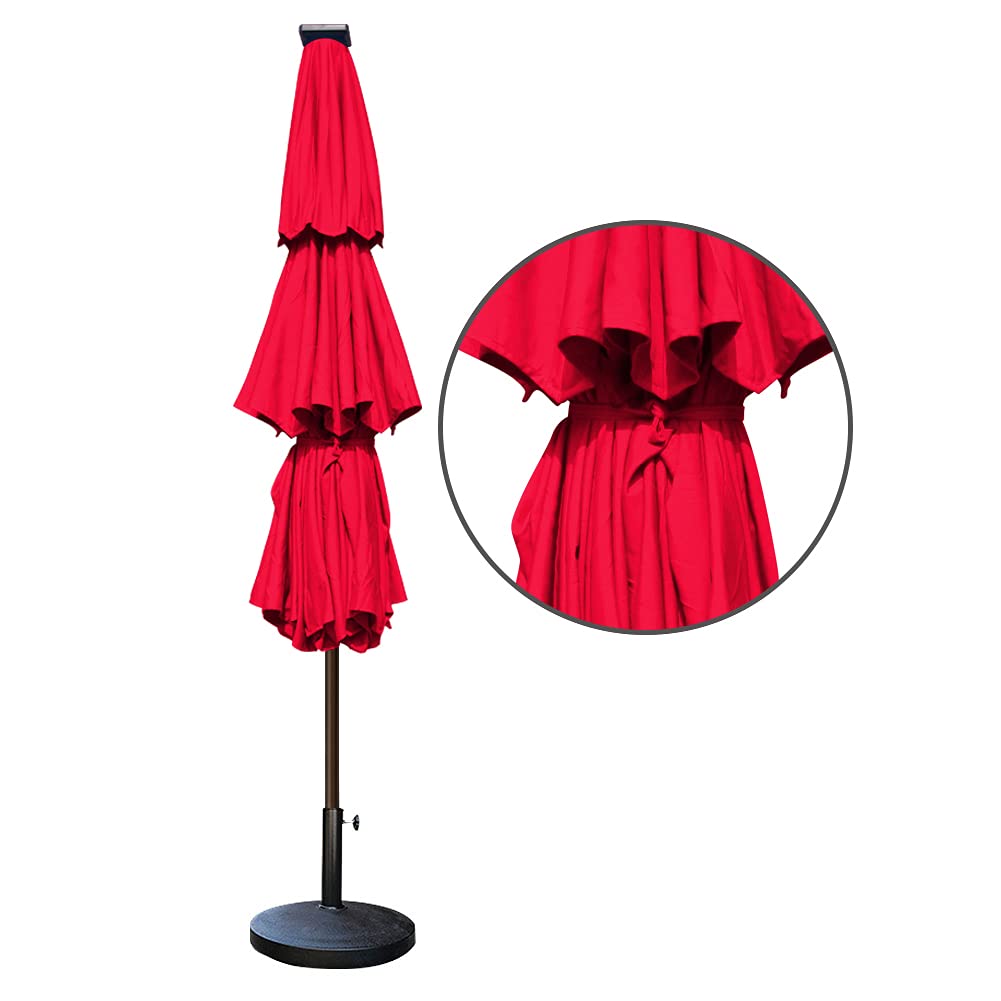 EliteShade USA 10-Year-Non-Fading 9ft 3-Tier Market Patio Umbrella, Commercial Table Umbrella with 80 Solar LED Lights, Crank Open, Windproof & UPF 50+ UV Protection for Garden, Deck, Pool, Backyard, Logo Red