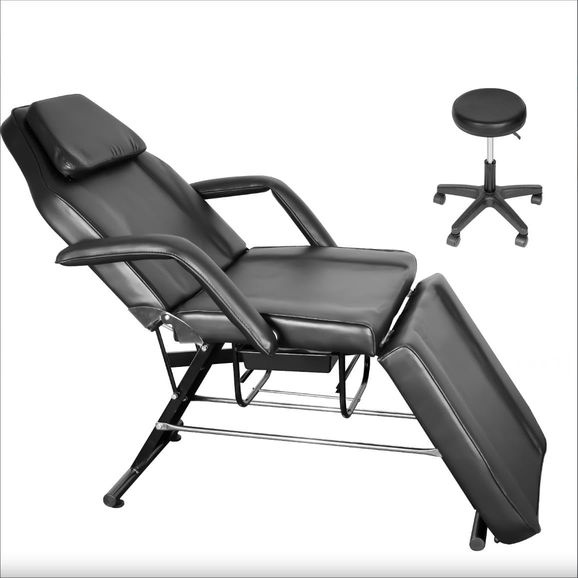 Sturdy Multipurpose Spa Bed, Salon Chair Facial Bed with Hydraulic Rotating Stool, Adjustable 3-Section Spa Massage Table for Tattoo & Beauty Use
