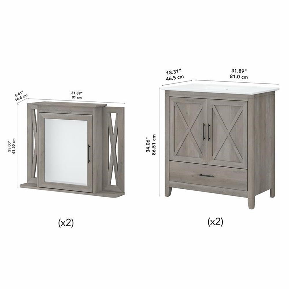 Bush Home Key West 64W Double Vanity Set with Sinks and Medicine Cabinets in Driftwood Gray
