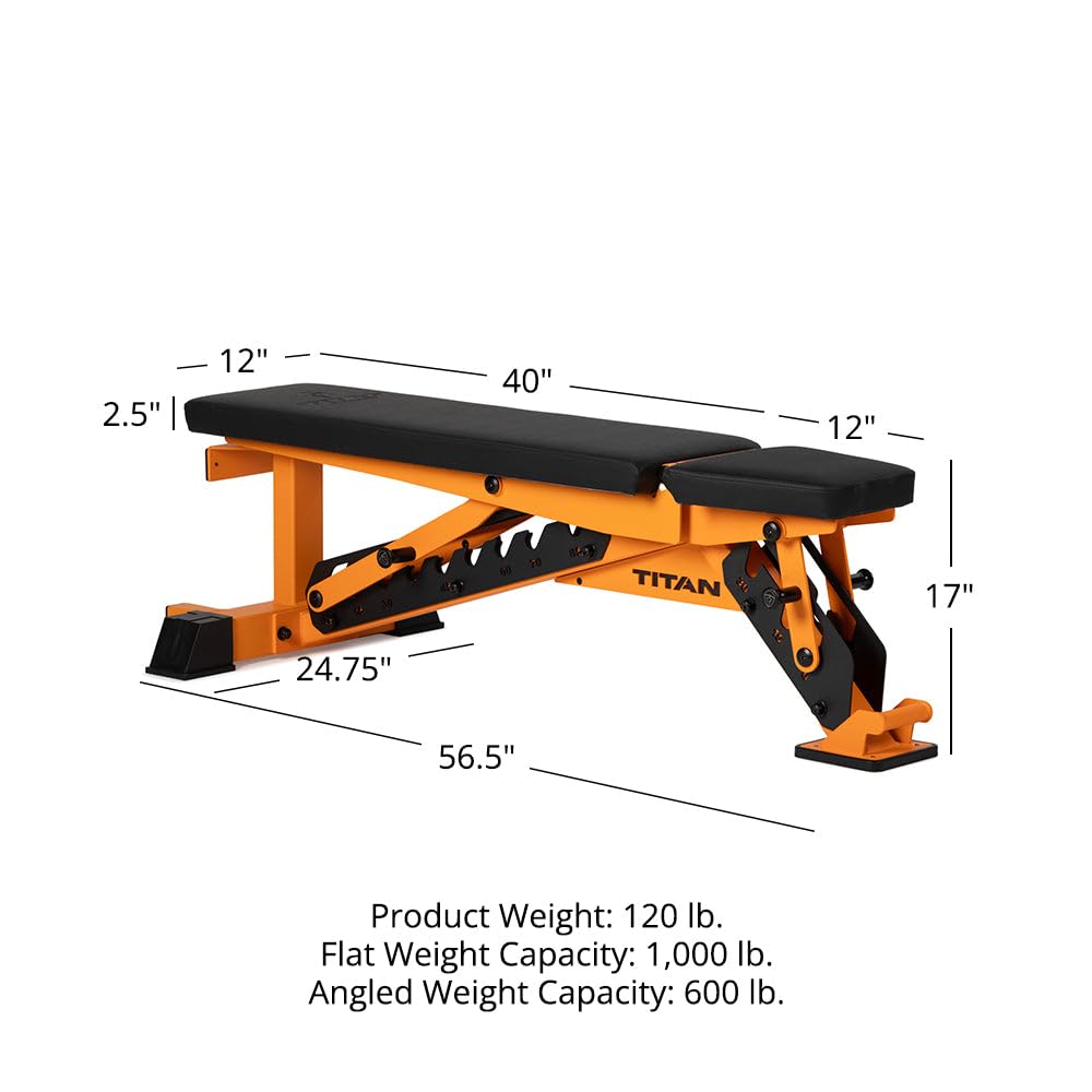Titan Fitness TITAN Series Orange Adjustable Bench, Supports 600 LB Incline, 1,000 LB Flat, Versatile Single Post Utility Workout Bench for Home Gym, Weightlifting, Strength Training