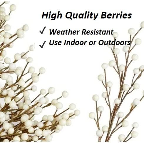 Pack 6 of Artificial Cream Winter White Weatherproof Berry Stem Branches - Waterproof Berries for Indoor and Outdoor