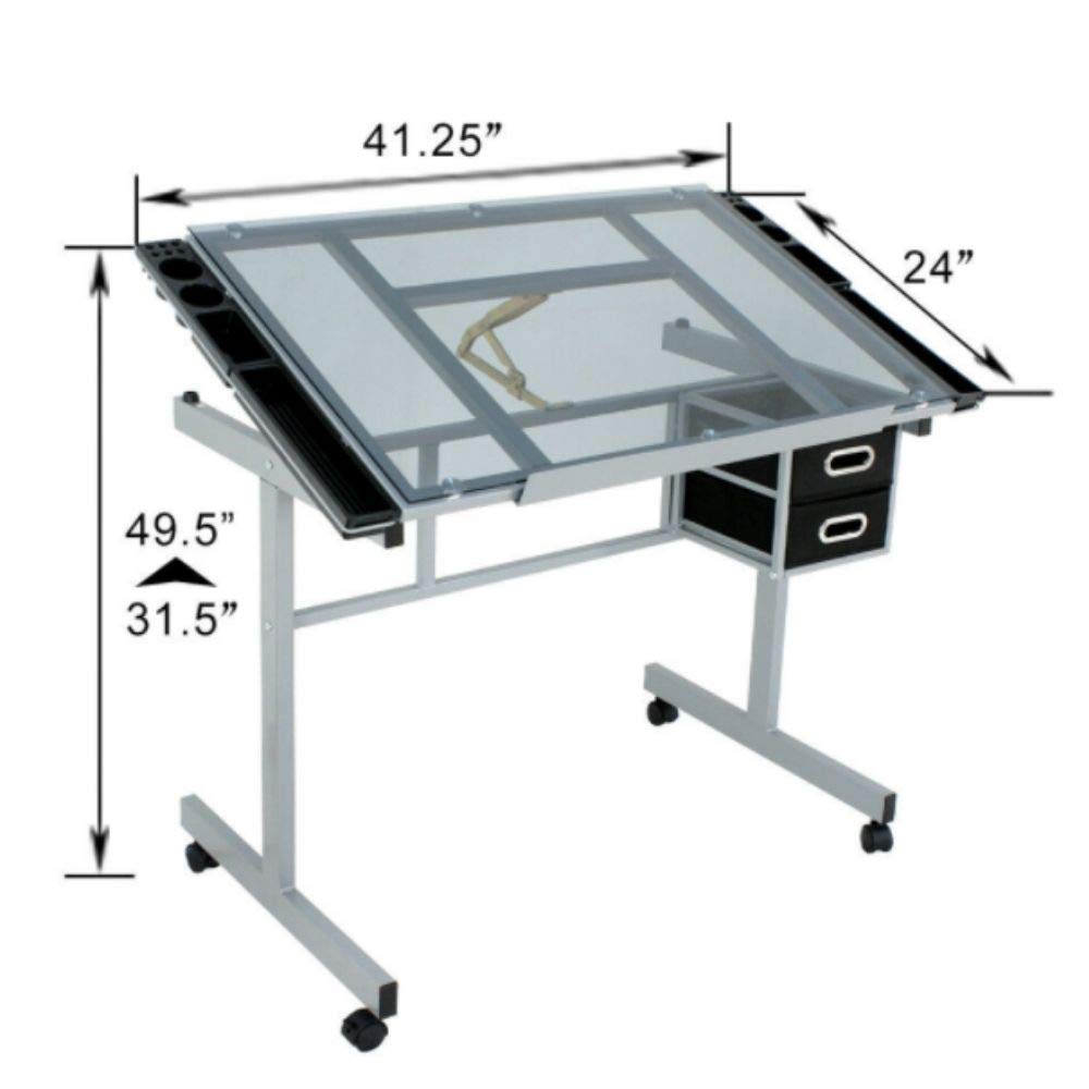 Tinkertory 4 Wheels Drawing Desk Station Tempered Glass Adjustable Drafting Table