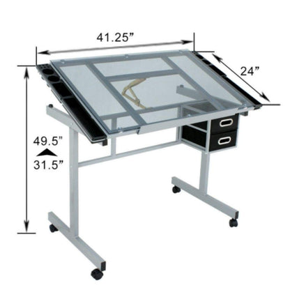 Tinkertory 4 Wheels Drawing Desk Station Tempered Glass Adjustable Drafting Table