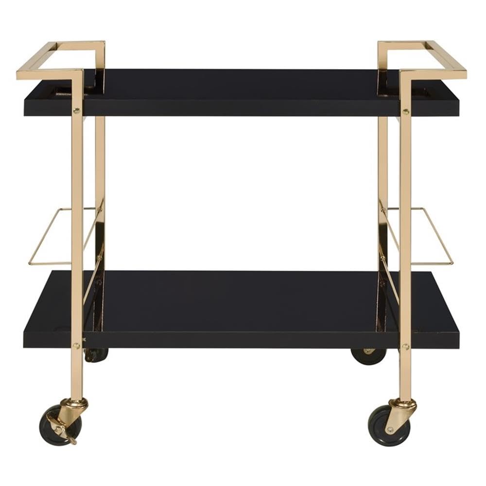Pemberly Row Modern Serving Cart, Black Metal and Gold Frame, 32"W x 16"D x 30.5"H, 2-Tier Design, High-Sheen Laminate Surface, Locking Casters, Bottle Caddies, Bar and Cocktail Station for Parties