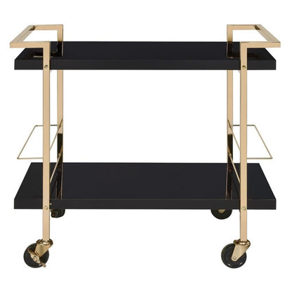 Pemberly Row Modern Serving Cart, Black Metal and Gold Frame, 32"W x 16"D x 30.5"H, 2-Tier Design, High-Sheen Laminate Surface, Locking Casters, Bottle Caddies, Bar and Cocktail Station for Parties
