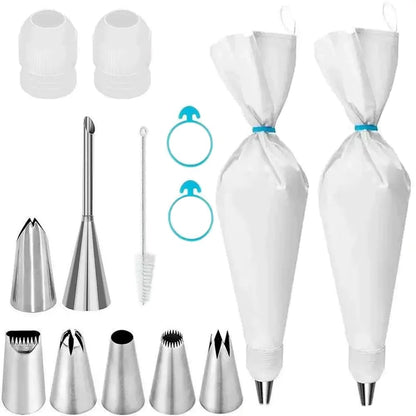 Piping Bags and Tips Set, 14Pcs Cake Decorating Kit with 16 inch Reusable Cotton Pastry Bags, Medium Icing Tips, 2 Couplers, 2 Icing Bags Ties, and Clean Brush