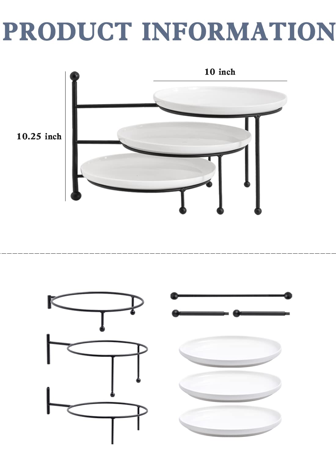 Kanwone 3 Tiered Serving Stand with White Porcelain Plates, 10" Round Tray, Dessert Table Display Set, Black Metal Stand, Versatile & Durable