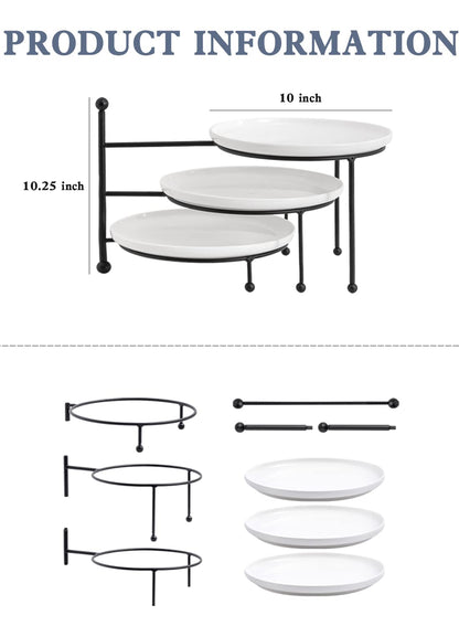 Kanwone 3 Tiered Serving Stand with White Porcelain Plates, 10" Round Tray, Dessert Table Display Set, Black Metal Stand, Versatile & Durable