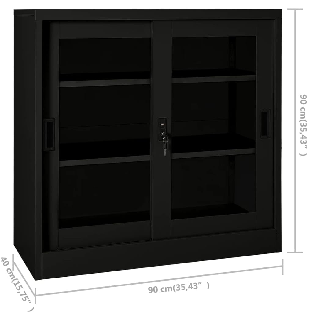 mtlskopl Sliding Door Storage Cabinet Black Steel Matte Tempered Glass 35.4 x 15.7 x 35.4 in Adjustable Shelves Lockable Office Garage Living Room Bathroom Organizer