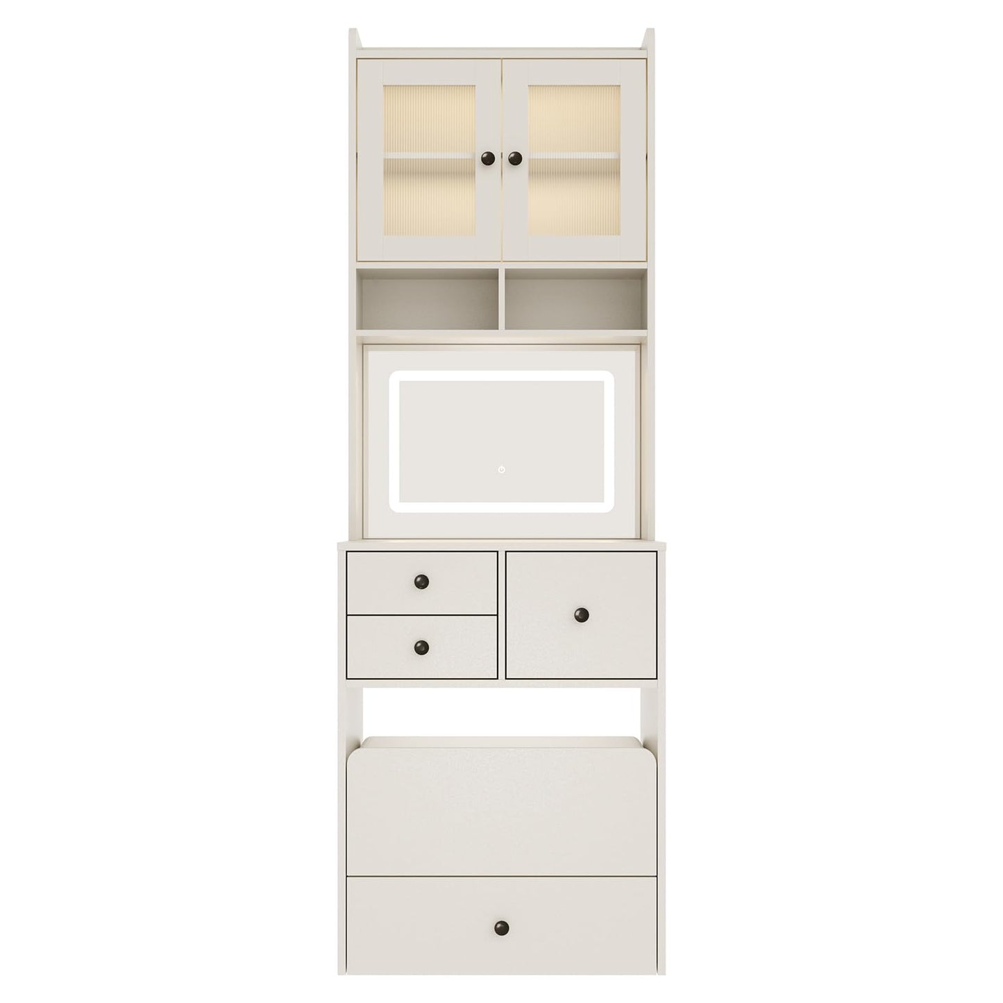GarveeHome 3-in-1 Vanity Desk with LED Mirror & Chair – Tall Makeup Vanity Set with 2 AC Outlets & USB-c Port – Storage Drawers with Acrylic Doors, Jewelry Organizer & Nightstand Function