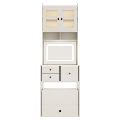 GarveeHome 3-in-1 Vanity Desk with LED Mirror & Chair – Tall Makeup Vanity Set with 2 AC Outlets & USB-c Port – Storage Drawers with Acrylic Doors, Jewelry Organizer & Nightstand Function