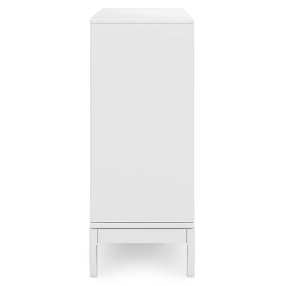 SIMPLIHOME Harper Medium Storage Cabinet - 48 inch Wide Solid Hardwood Sliding Door Cabinet in White, Mid-Century Modern Cupboard for Living Room or Entryway with 3 Drawers and Tapered Legs
