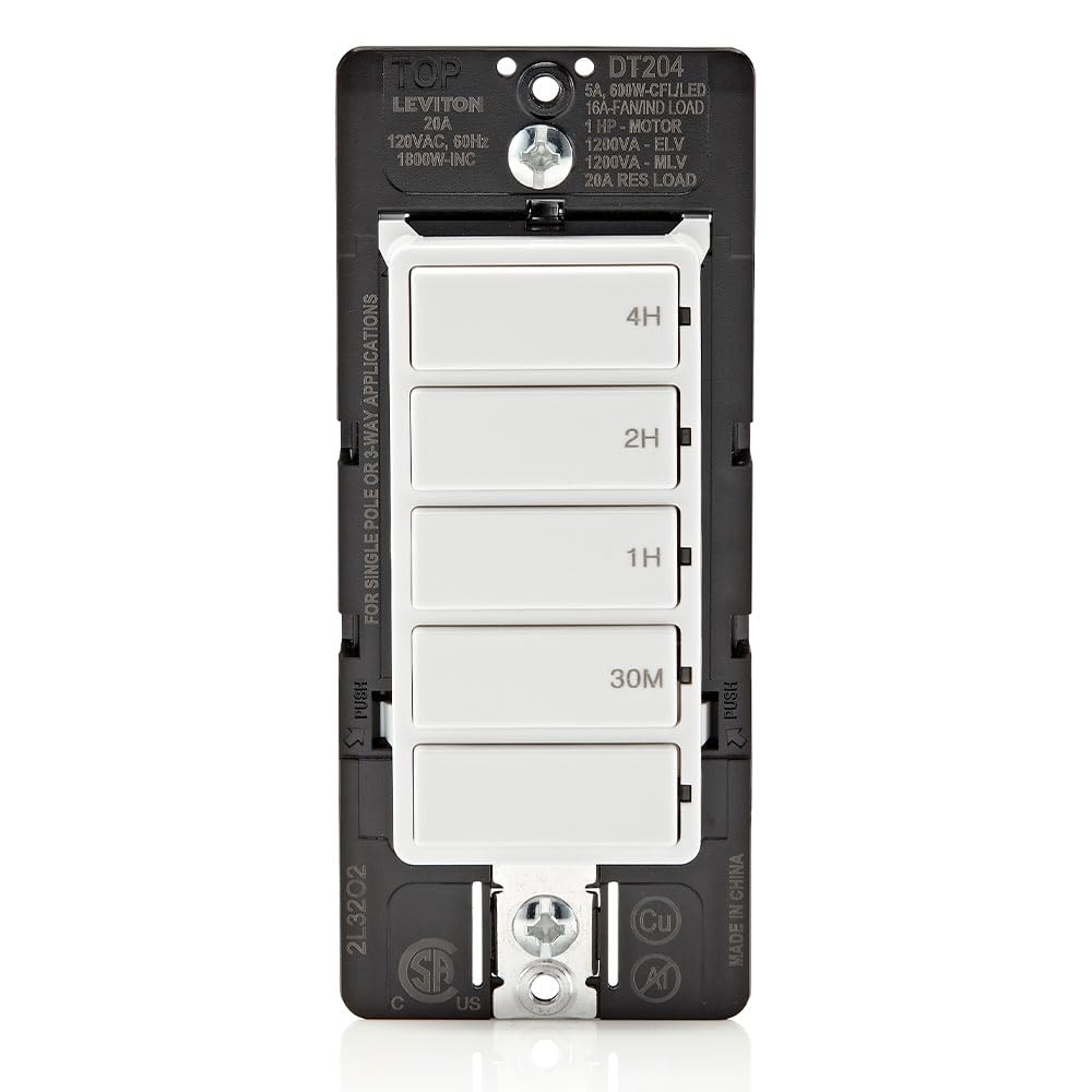 Leviton Countdown Timer Switch for bathroom fan and household lights, 5-10-15-30 min, No Neutral Required, Single Pole, 15A, 1/2 HP/9.8A Fan/Motor, DT130-1LW, White