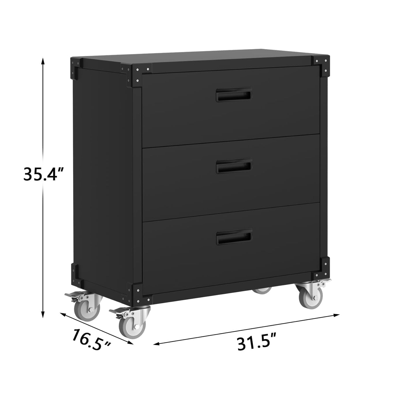 3-Drawer Heavy Duty Rolling Steel Tool Cabinet on Wheels - 35.4" Metal Mobile File Cabinet with Lock for Garage, Workshop, Warehouse, Home and Office - Easy Assembly Utility Black Filing Cabinet