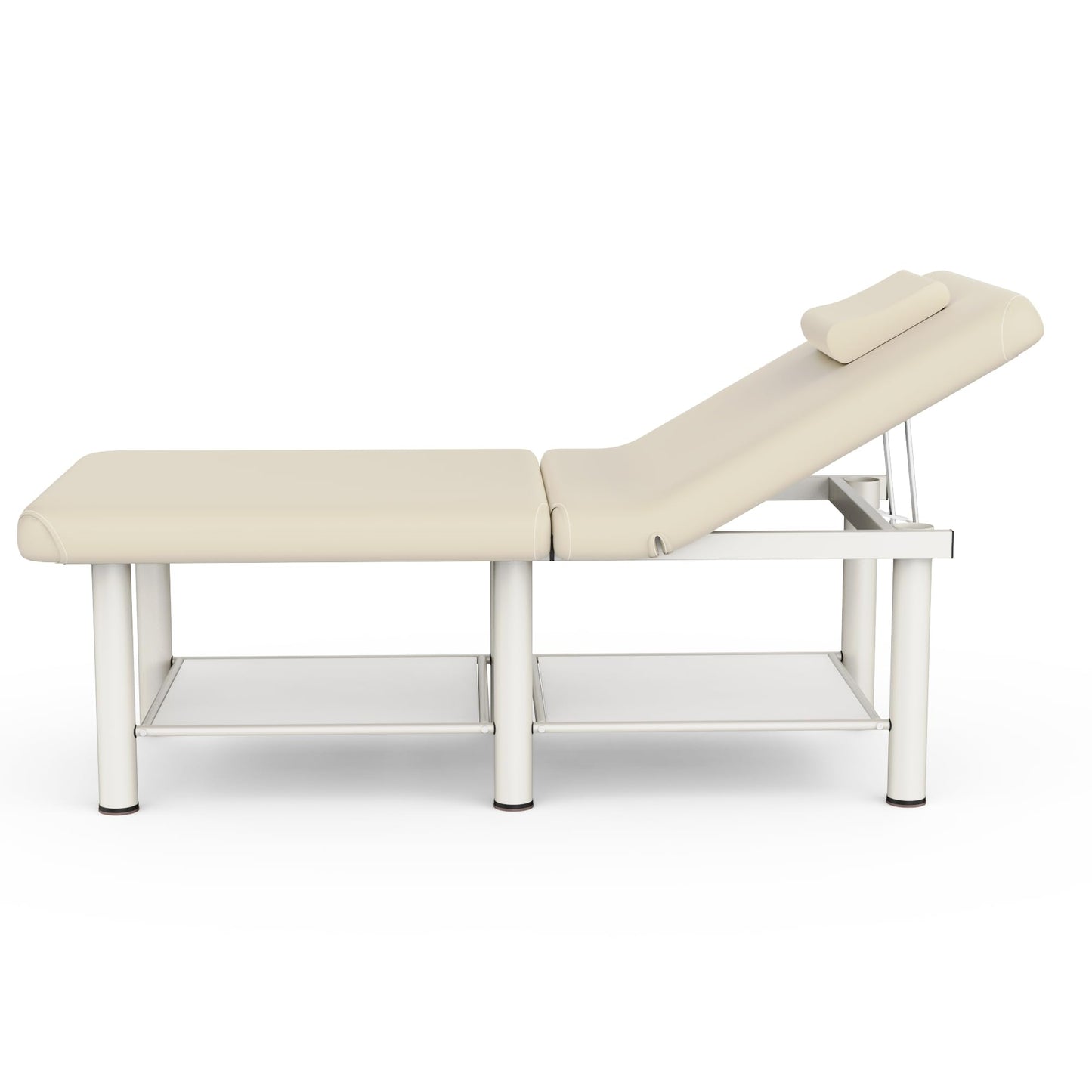 Folding Stationary Massage Table with Backrest and Storage Space for Treatment Table Physical Therapy Table Spa Facial Bed, 6 Round legs Metal Frame PU Leather, 30.5'' Wide × 75'' Long - Beige Gray