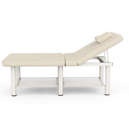 Folding Stationary Massage Table with Backrest and Storage Space for Treatment Table Physical Therapy Table Spa Facial Bed, 6 Round legs Metal Frame PU Leather, 30.5'' Wide × 75'' Long - Beige Gray